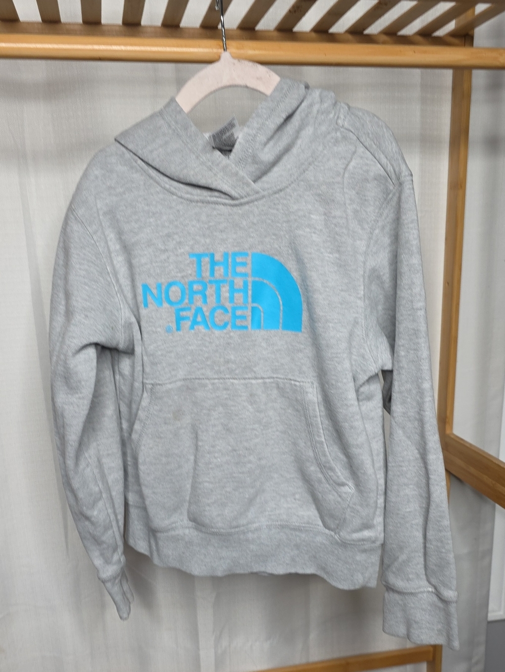 The North Face Light Gray Hoodie with Bright Blue Logo - Kids